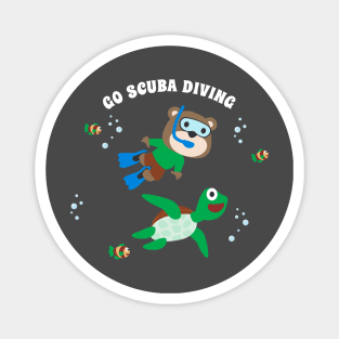 Diving with funny bear and turtle with cartoon style. Magnet